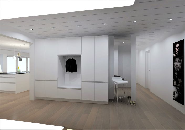 Visualisierung der Garderobe mit weissen Einbauschränken und offener Nische