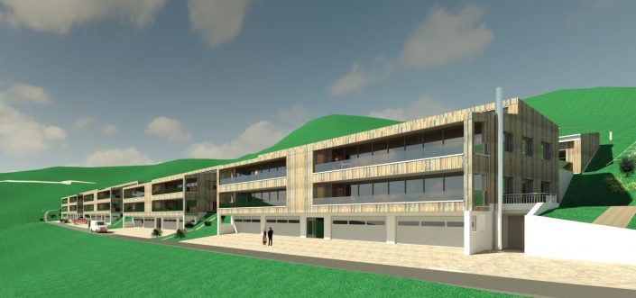 Visualisierung der Überbauung von Norden: Häuserzeile mit Holzfassade und Garagentoren im Sockel
