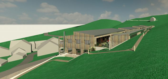 Visualisierung der Überbauung von Nordwesten: Holzbau am Hang, links die Nachbarhäuser