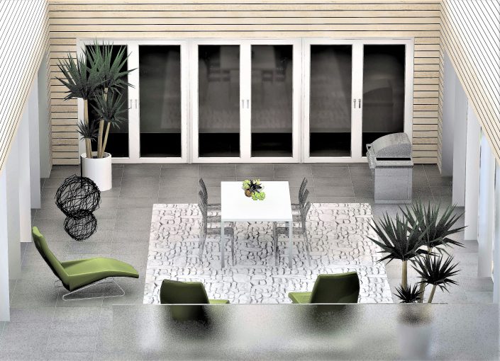 Visualisierung des Atriums mit Esstisch, Liegestuhl und Pflanzen vor einer Glasfront