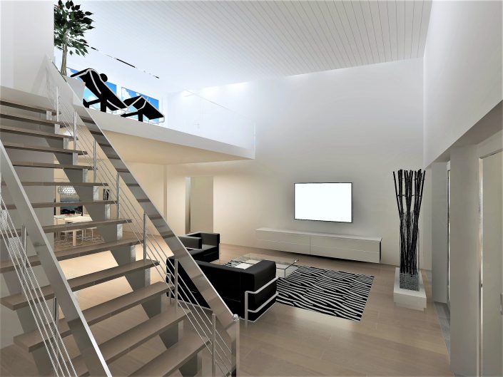 Visualisierung des Wohnbereichs mit offener Treppe zur Galerie
