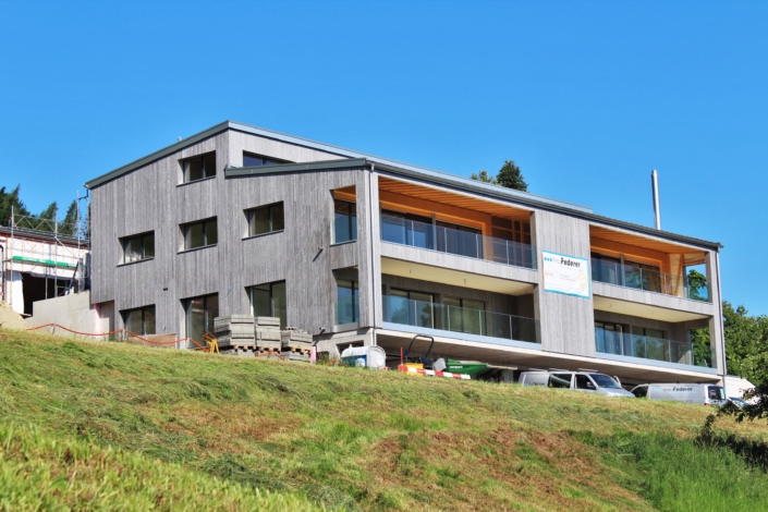 Die Wohnüberbauung im Weiler Zelg in Wolfhalden: Holzbau mit senkrechter Schalung und gedeckten Balkonen am Hang
