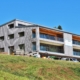 Die Wohnüberbauung im Weiler Zelg in Wolfhalden: Holzbau mit senkrechter Schalung und gedeckten Balkonen am Hang