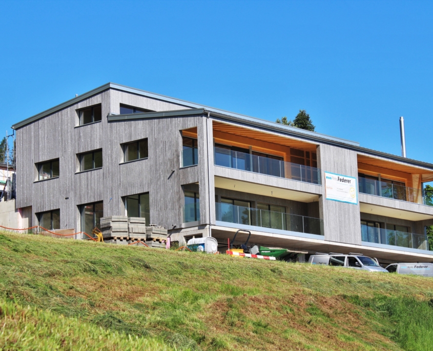 Die Wohnüberbauung im Weiler Zelg in Wolfhalden: Holzbau mit senkrechter Schalung und gedeckten Balkonen am Hang