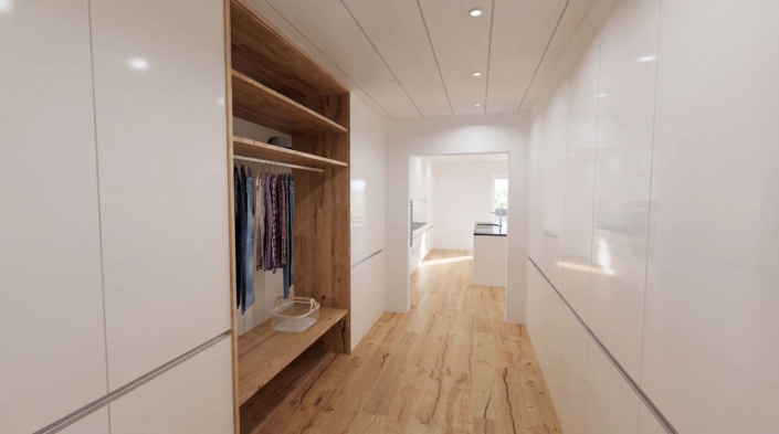 Visualisierung der grosszügigen Garderobe mit weissen Einbauschränken auf beiden Seiten und einer offenen Nische in Eiche mit Kleiderstange und Sitzbank, am Ende der Blick in die Küche