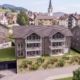 Visualisierung Haus 2 der Überbauung Kalkofen in Oberegg, im Hintergrund das Dorf mit Kirche